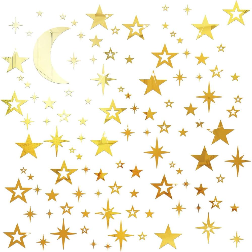 imageShappy 100 Pcs Acrylic Moon Star Mirror Wall Stickers Decal 3D Acrylic Mirror Stickers Removable Decal for Room Good Night Nursery House Bedroom Wall DecorGoldGold