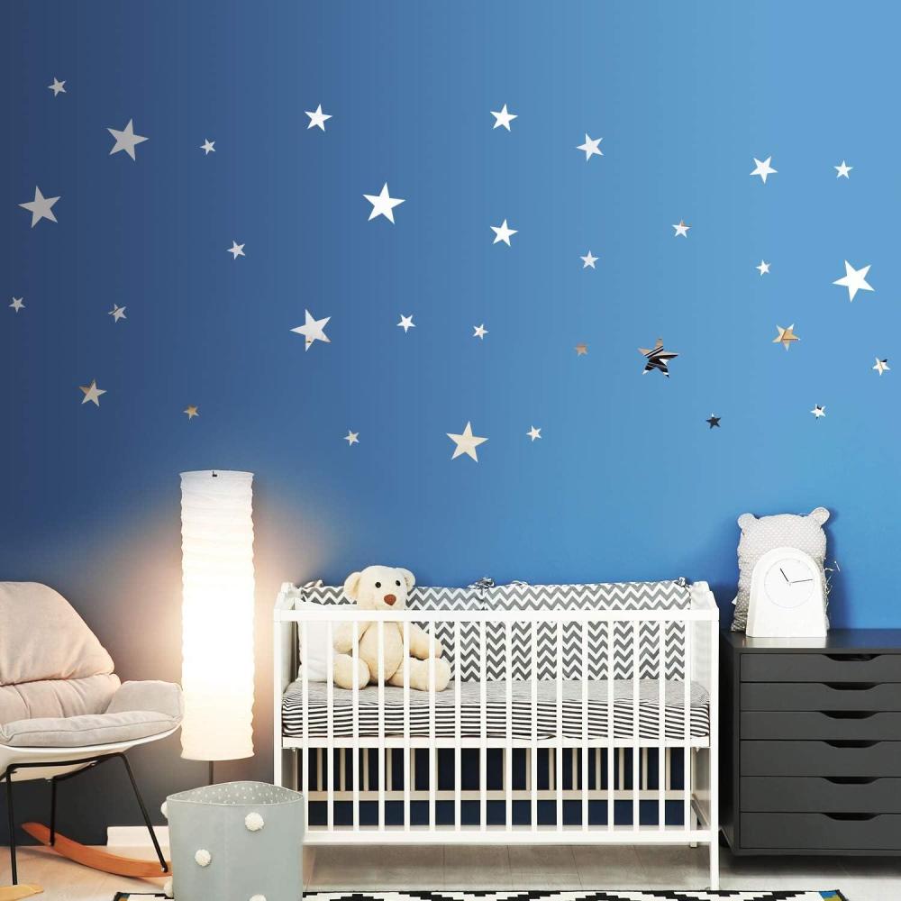 imageShappy 32 Pcs Star Mirror Wall Stickers for Bedroom Living Room Decoration DIY Removable Acrylic Mirror Wall Decals for Home Nursery Interior Wallpaper Background Art DecorBlackSilver