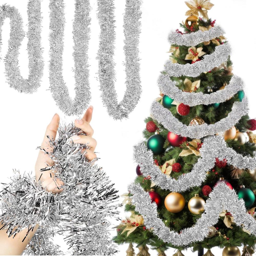 imageShappy 3937 ft 6 Roll Halloween Tinsel Garland Glitter Shiny Tinsel Garland Metallic Foil Hanging Decor for Parade Float Christmas Tree Thanksgiving Birthday Party SuppliesRed Blue WhiteSilver