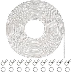 33 Feet Silver Plated Cable Chain Necklace with 30 Jump Rings and 20 Lobster Clasps for Jewelry Making (1.5 mm)