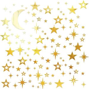 Shappy 100 Pcs Acrylic Moon Star Mirror Wall Stickers Decal 3D Acrylic Mirror Stickers Removable Decal for Room Good Night Nursery House Bedroom Wall Decor(Gold)(Gold)