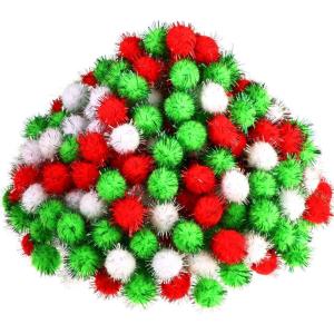 Shappy 1000 Pieces Christmas Glitter Pom Poms 0.5 Inch Fuzzy Pompoms Arts and Crafts Balls for Hobby Supplies and Craft DIY Material(White, Fruit Green, Red)(White  Fruit Green  Red)