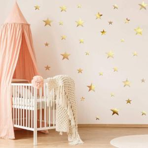 Shappy 32 Pcs Star Mirror Wall Stickers for Bedroom Living Room Decoration DIY Removable Acrylic Mirror Wall Decals for Home Nursery Interior Wallpaper Background Art Decor(Black)(Gold)