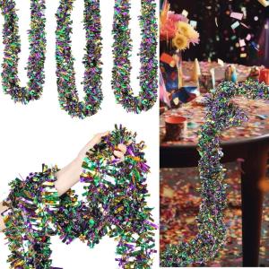Shappy 393.7 ft 6 Roll Halloween Tinsel Garland Glitter Shiny Tinsel Garland Metallic Foil Hanging Decor for Parade Float Christmas Tree Thanksgiving Birthday Party Supplies(Red, Blue, White)(Gold  Green  Purple)