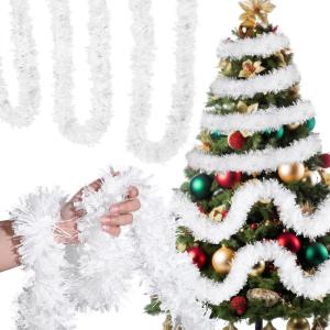 Shappy 393.7 ft 6 Roll Halloween Tinsel Garland Glitter Shiny Tinsel Garland Metallic Foil Hanging Decor for Parade Float Christmas Tree Thanksgiving Birthday Party Supplies(Red, Blue, White)(White)
