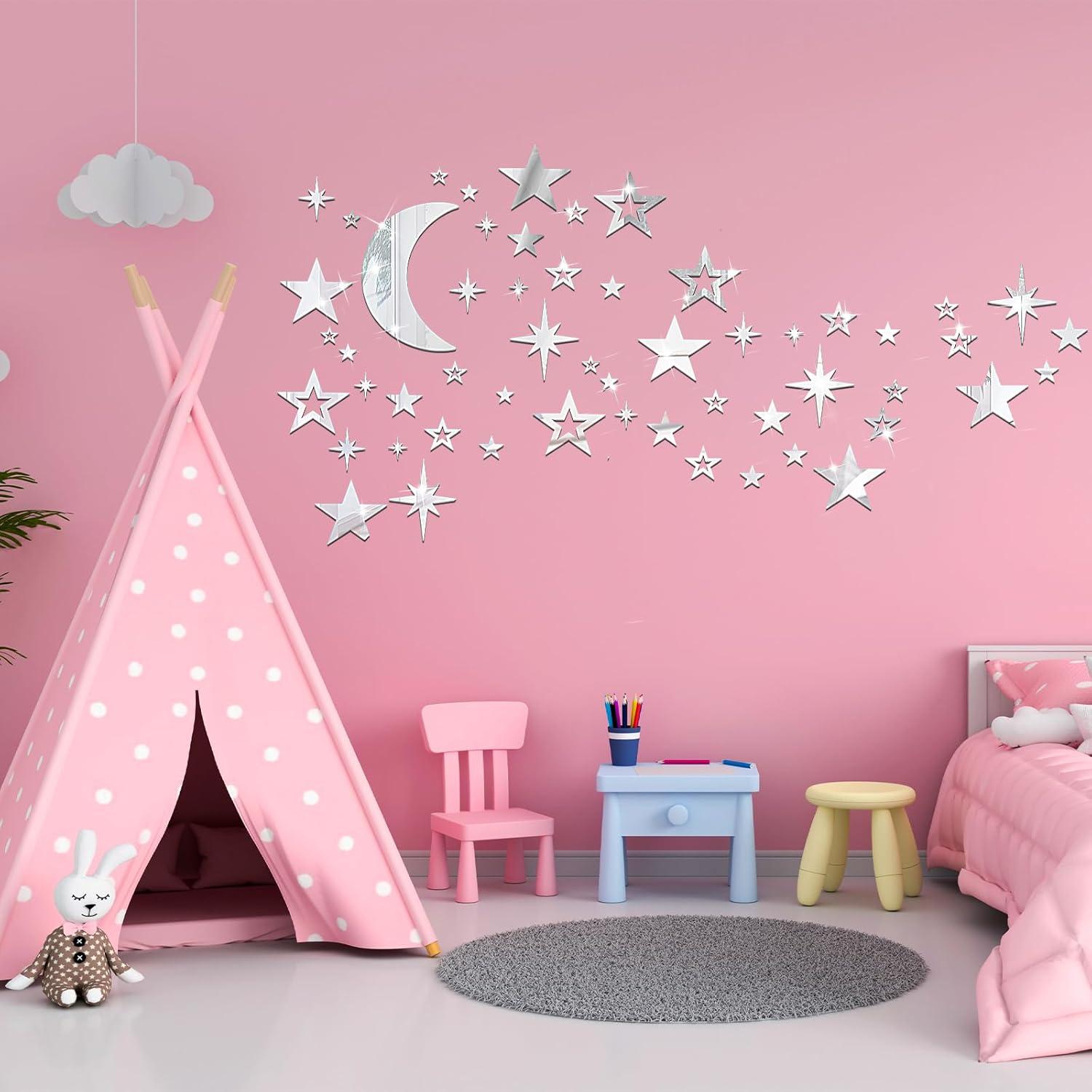 imageShappy 100 Pcs Acrylic Moon Star Mirror Wall Stickers Decal 3D Acrylic Mirror Stickers Removable Decal for Room Good Night Nursery House Bedroom Wall Decor BlackSilver
