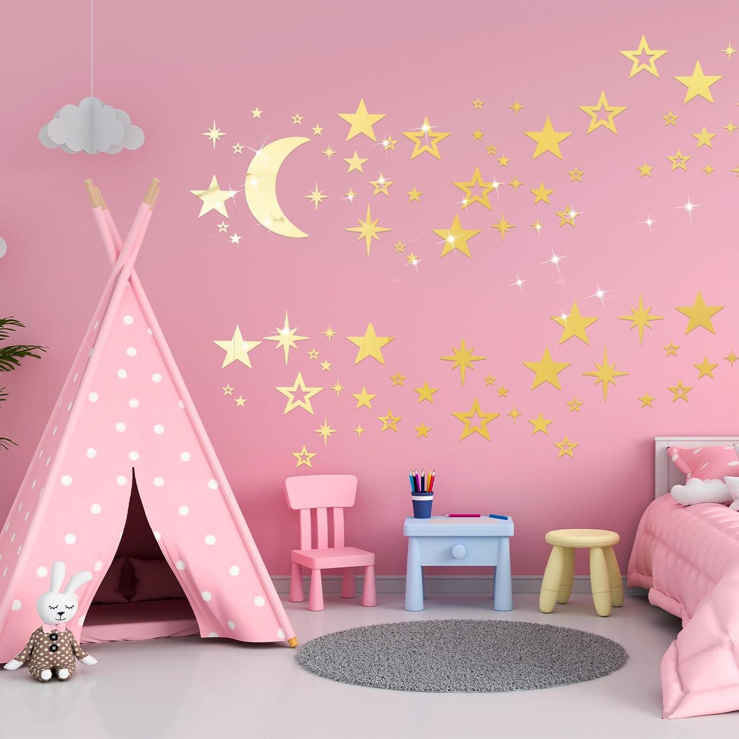 imageShappy 100 Pcs Acrylic Moon Star Mirror Wall Stickers Decal 3D Acrylic Mirror Stickers Removable Decal for Room Good Night Nursery House Bedroom Wall Decor BlackGold