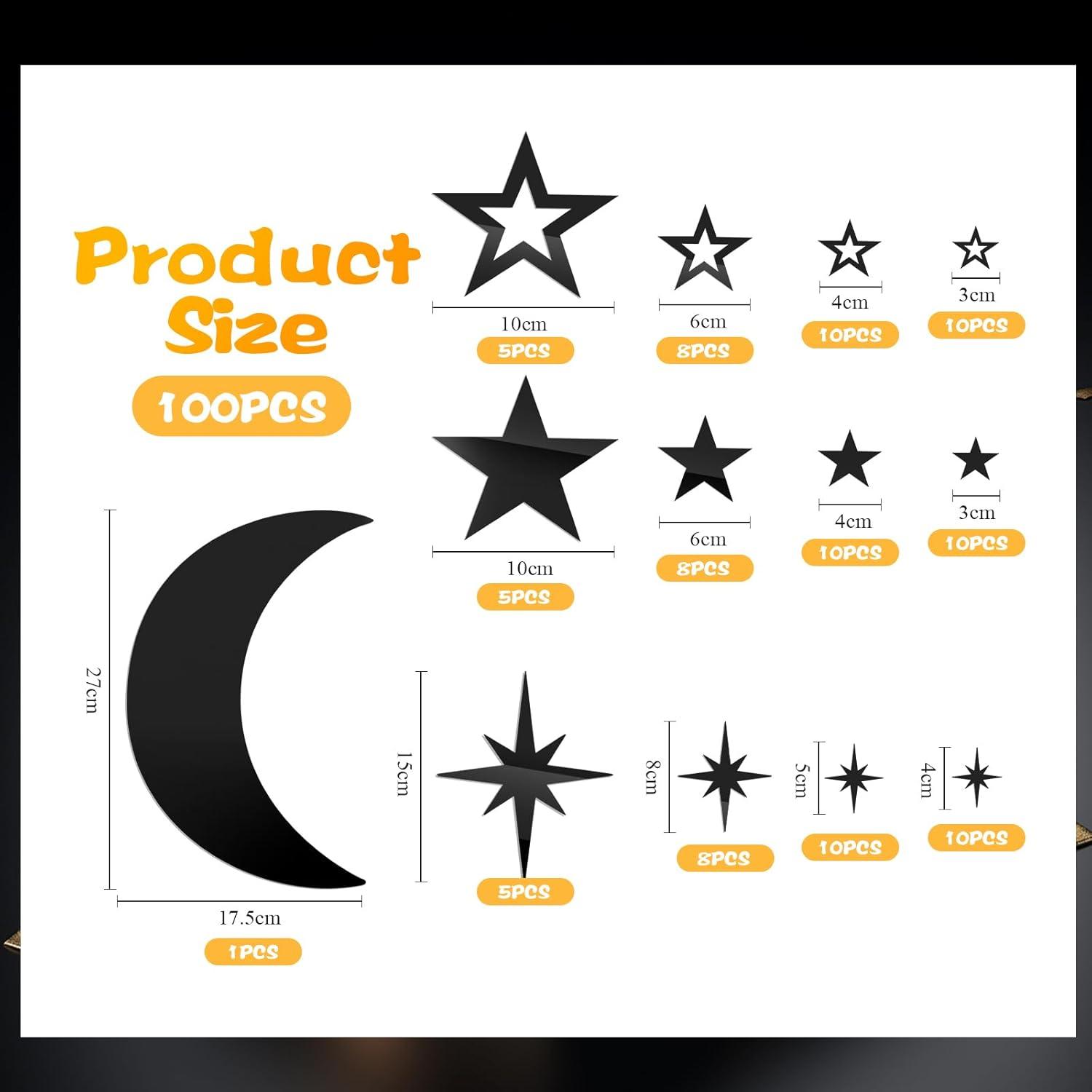 imageShappy 100 Pcs Acrylic Moon Star Mirror Wall Stickers Decal 3D Acrylic Mirror Stickers Removable Decal for Room Good Night Nursery House Bedroom Wall Decor BlackBlack