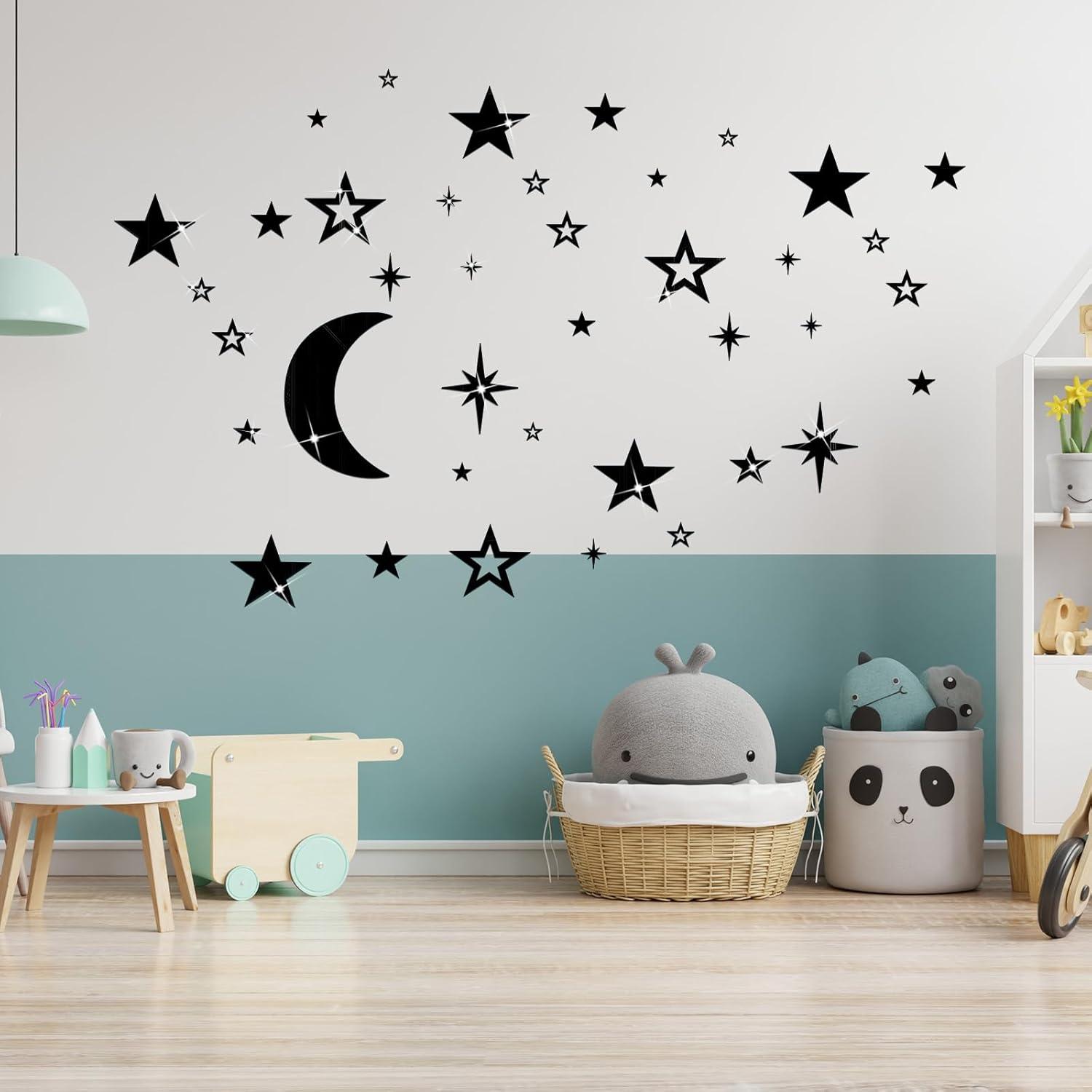 imageShappy 100 Pcs Acrylic Moon Star Mirror Wall Stickers Decal 3D Acrylic Mirror Stickers Removable Decal for Room Good Night Nursery House Bedroom Wall Decor BlackBlack