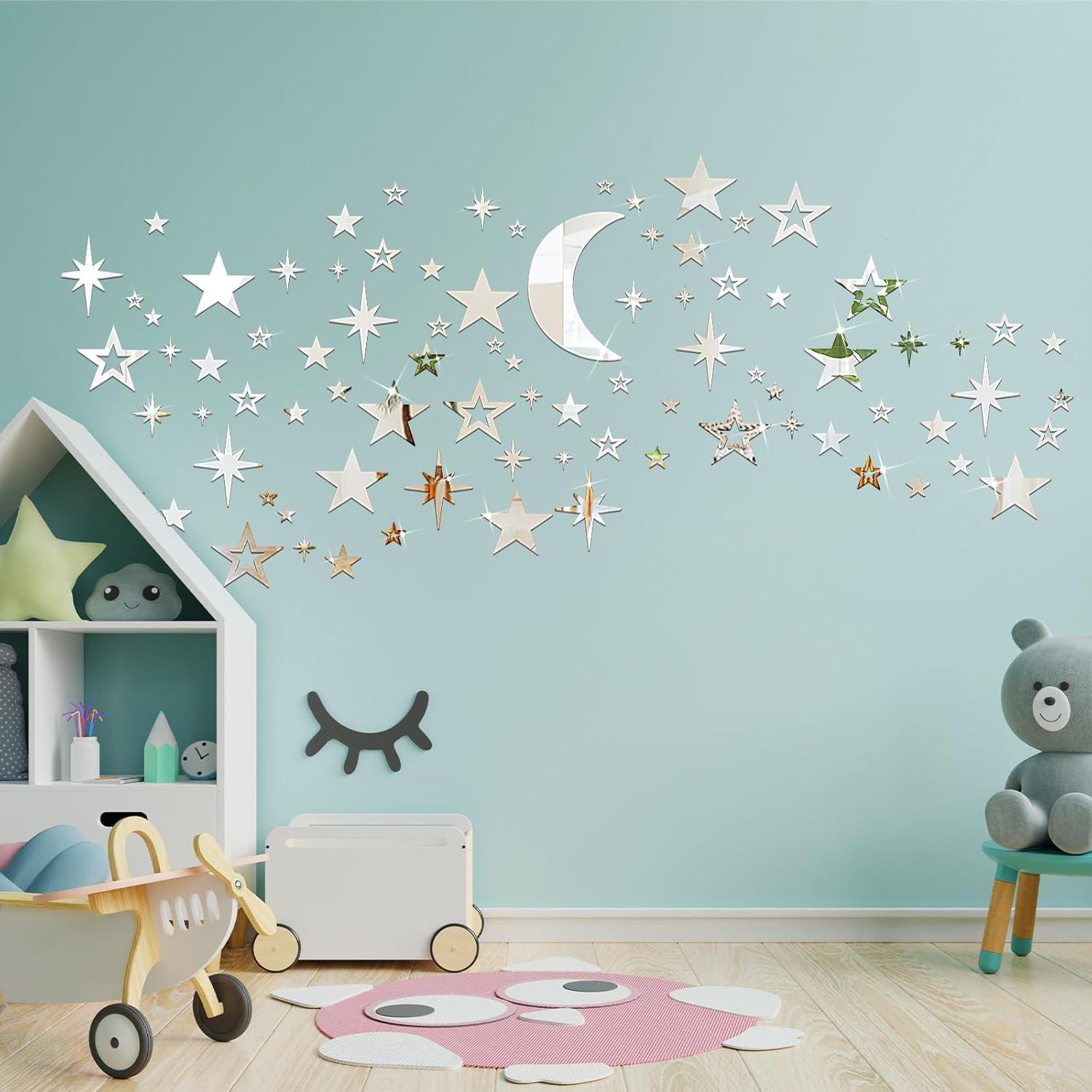 imageShappy 100 Pcs Acrylic Moon Star Mirror Wall Stickers Decal 3D Acrylic Mirror Stickers Removable Decal for Room Good Night Nursery House Bedroom Wall Decor BlackSilver