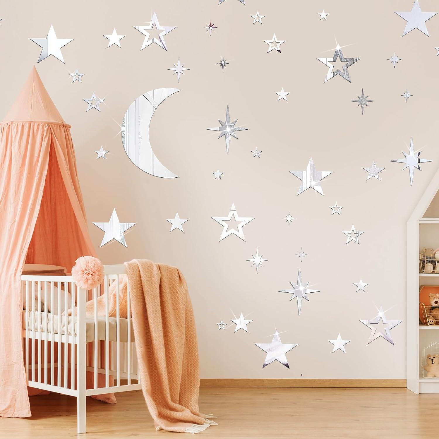 imageShappy 100 Pcs Acrylic Moon Star Mirror Wall Stickers Decal 3D Acrylic Mirror Stickers Removable Decal for Room Good Night Nursery House Bedroom Wall Decor BlackSilver