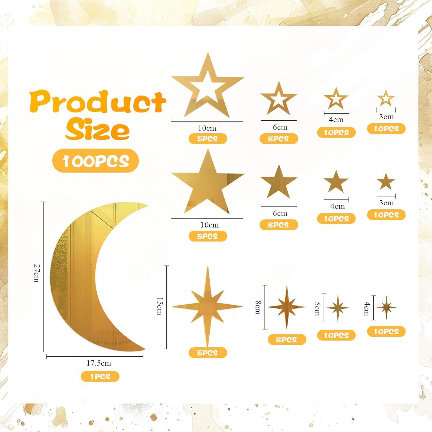 imageShappy 100 Pcs Acrylic Moon Star Mirror Wall Stickers Decal 3D Acrylic Mirror Stickers Removable Decal for Room Good Night Nursery House Bedroom Wall Decor BlackGold