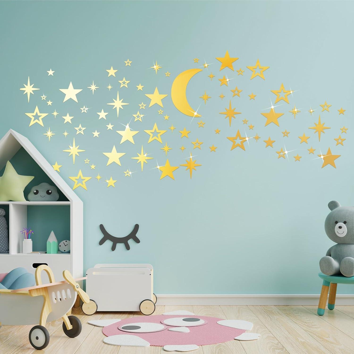 imageShappy 100 Pcs Acrylic Moon Star Mirror Wall Stickers Decal 3D Acrylic Mirror Stickers Removable Decal for Room Good Night Nursery House Bedroom Wall Decor BlackGold
