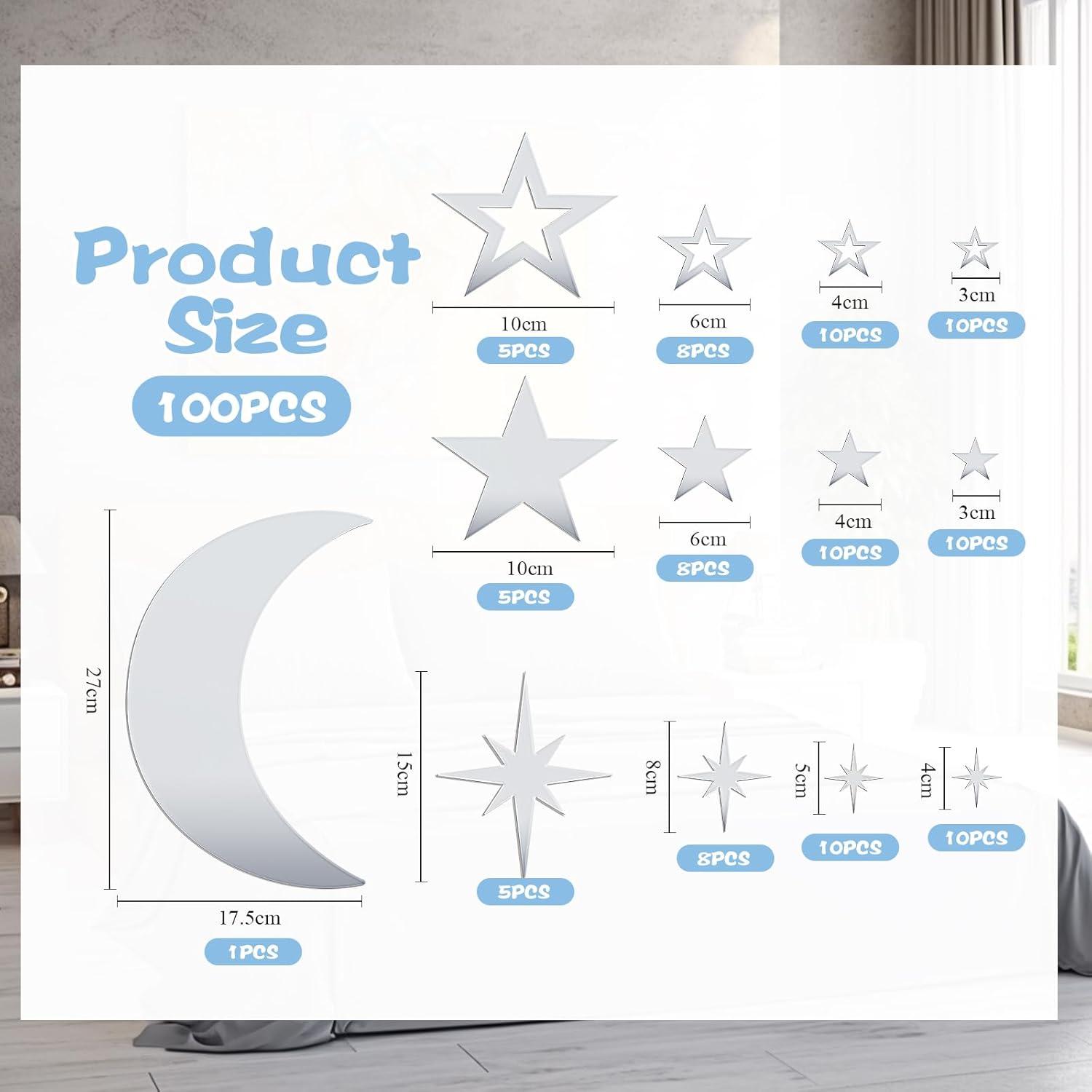 imageShappy 100 Pcs Acrylic Moon Star Mirror Wall Stickers Decal 3D Acrylic Mirror Stickers Removable Decal for Room Good Night Nursery House Bedroom Wall Decor BlackSilver