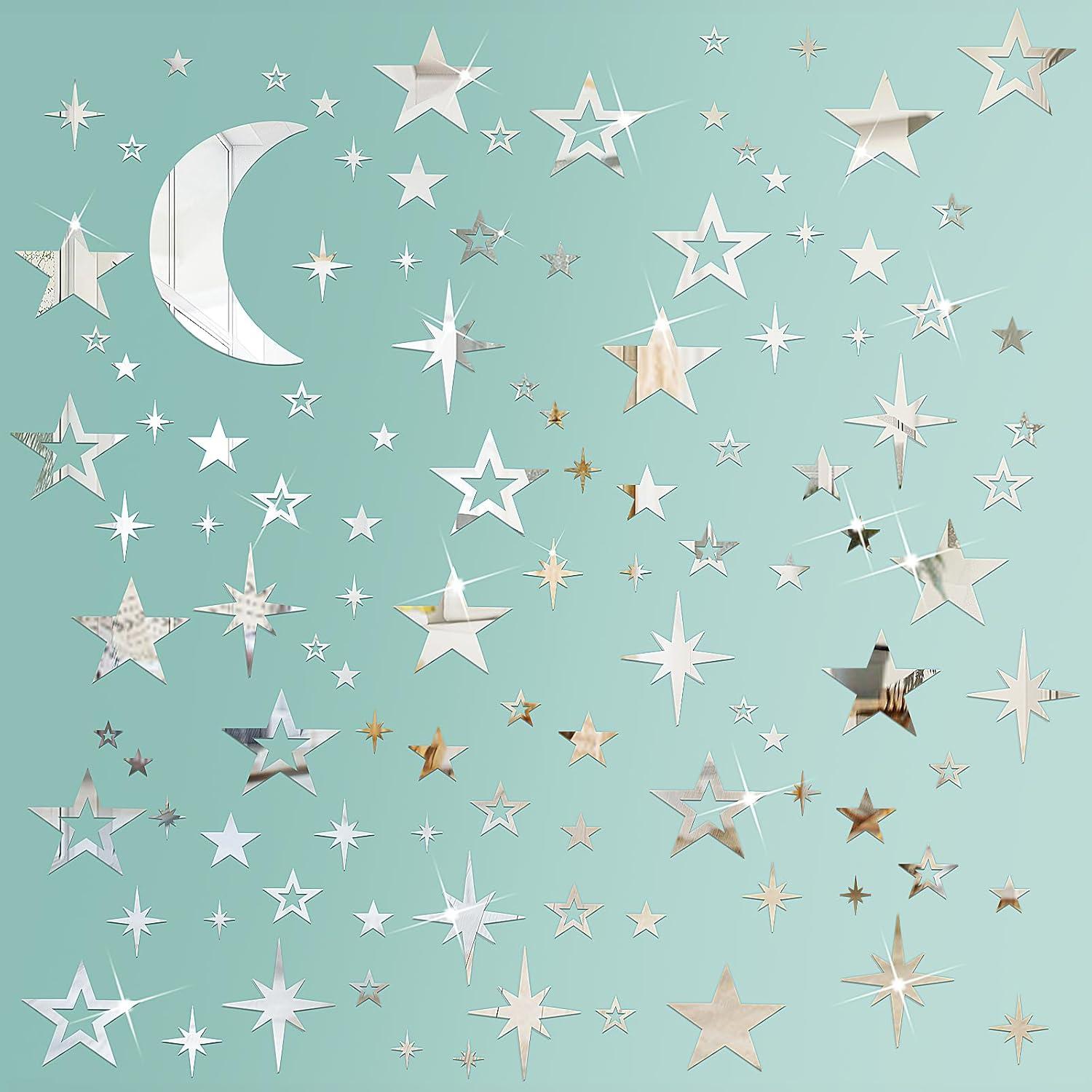 imageShappy 100 Pcs Acrylic Moon Star Mirror Wall Stickers Decal 3D Acrylic Mirror Stickers Removable Decal for Room Good Night Nursery House Bedroom Wall Decor BlackSilver