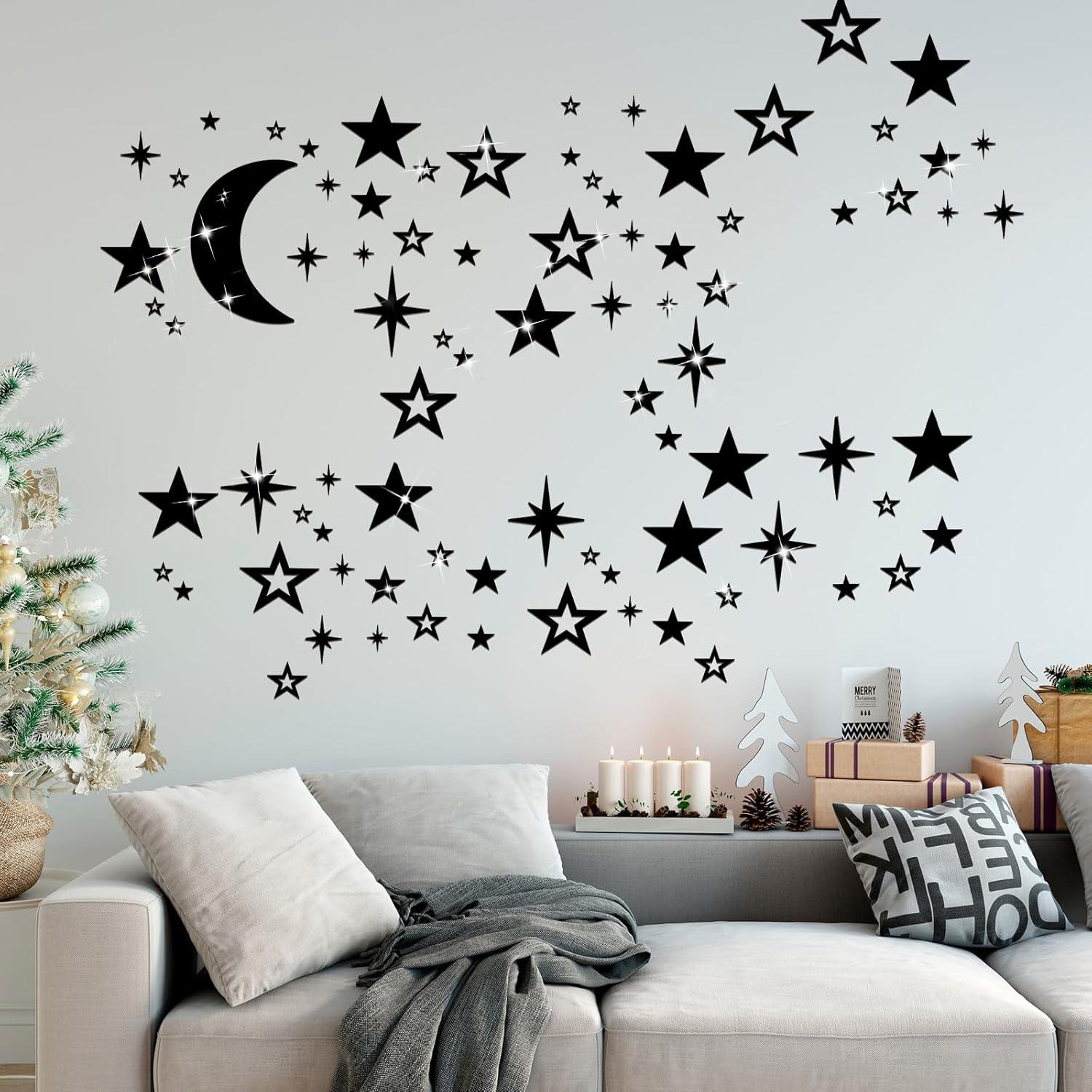 imageShappy 100 Pcs Acrylic Moon Star Mirror Wall Stickers Decal 3D Acrylic Mirror Stickers Removable Decal for Room Good Night Nursery House Bedroom Wall Decor BlackBlack