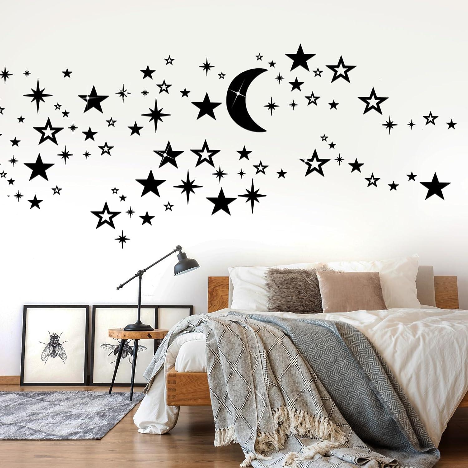 imageShappy 100 Pcs Acrylic Moon Star Mirror Wall Stickers Decal 3D Acrylic Mirror Stickers Removable Decal for Room Good Night Nursery House Bedroom Wall Decor BlackBlack