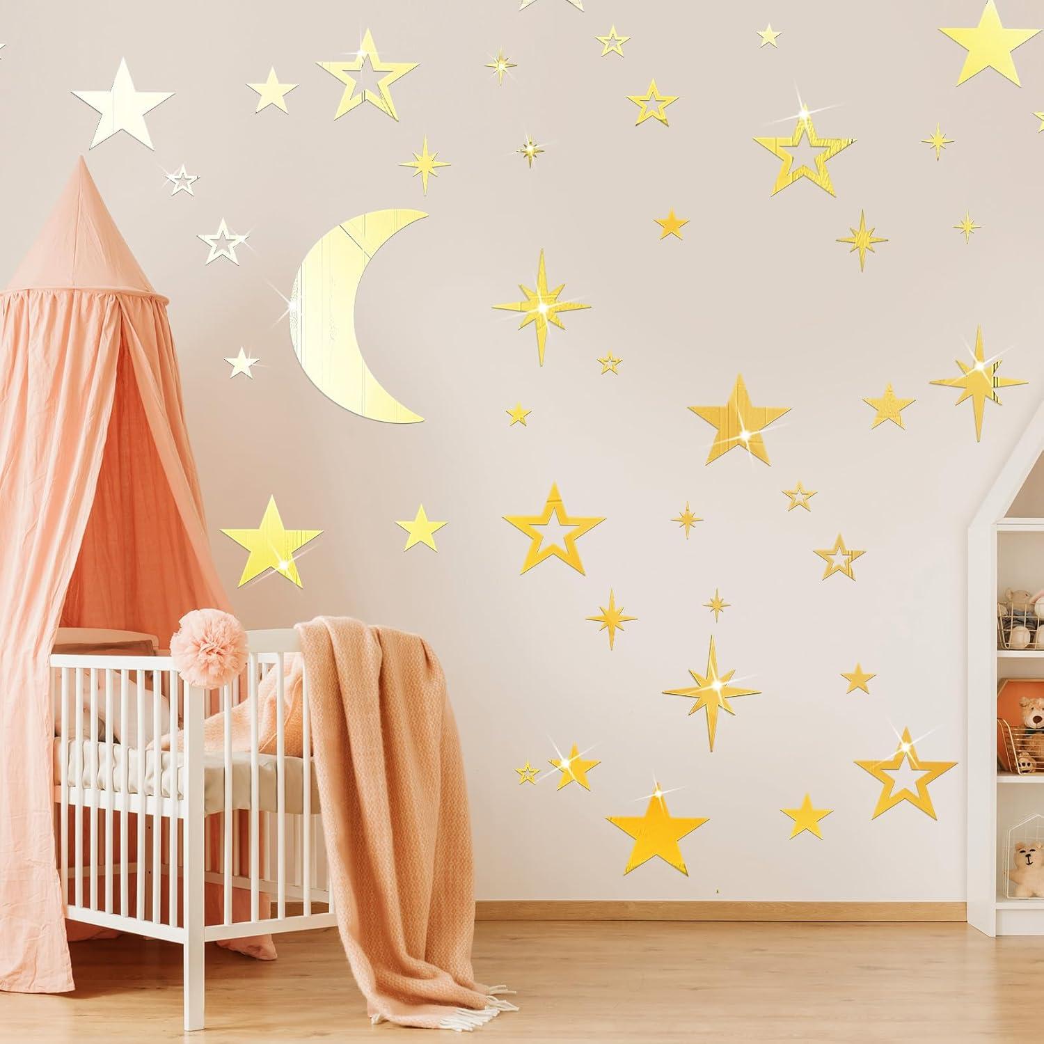 imageShappy 100 Pcs Acrylic Moon Star Mirror Wall Stickers Decal 3D Acrylic Mirror Stickers Removable Decal for Room Good Night Nursery House Bedroom Wall Decor BlackGold