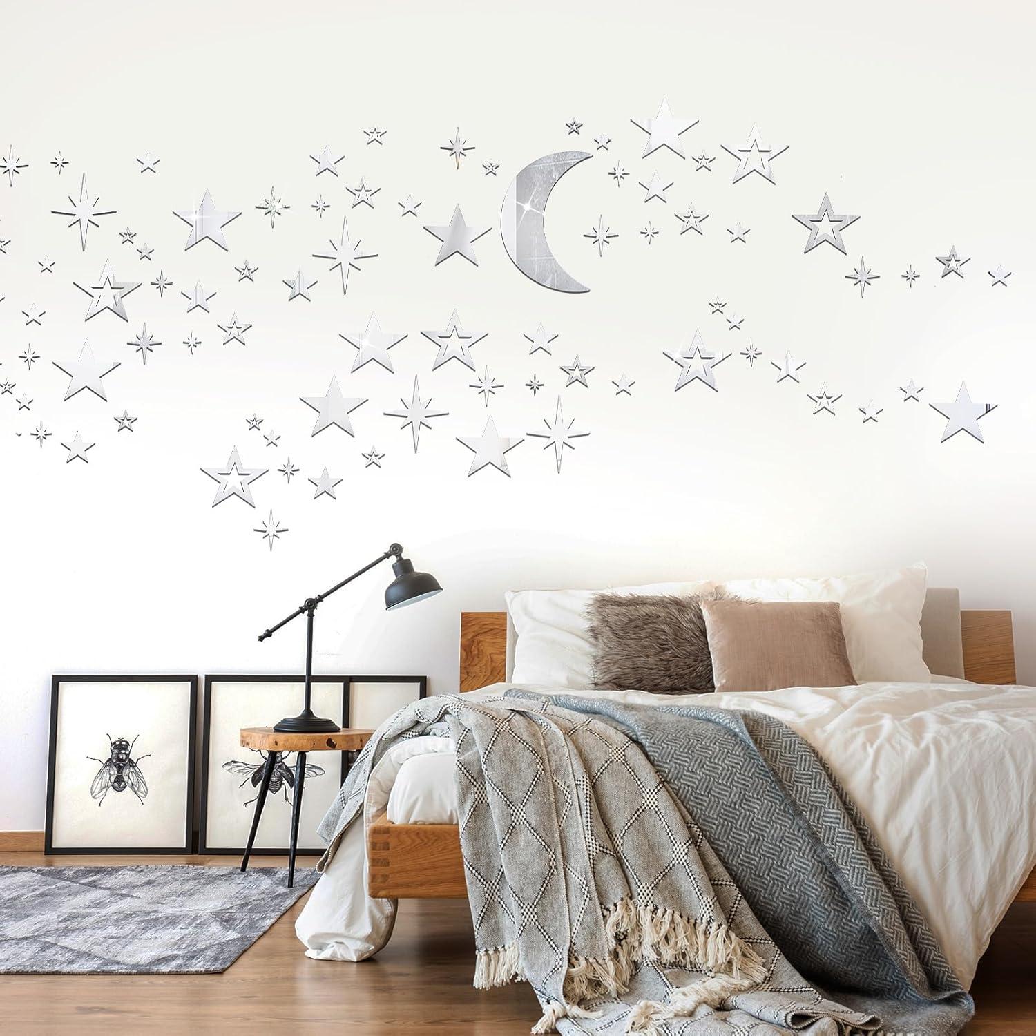 imageShappy 100 Pcs Acrylic Moon Star Mirror Wall Stickers Decal 3D Acrylic Mirror Stickers Removable Decal for Room Good Night Nursery House Bedroom Wall Decor BlackSilver