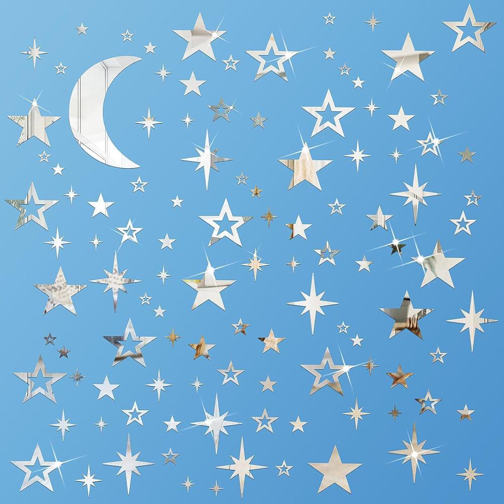 imageShappy 100 Pcs Acrylic Moon Star Mirror Wall Stickers Decal 3D Acrylic Mirror Stickers Removable Decal for Room Good Night Nursery House Bedroom Wall Decor BlackSilver