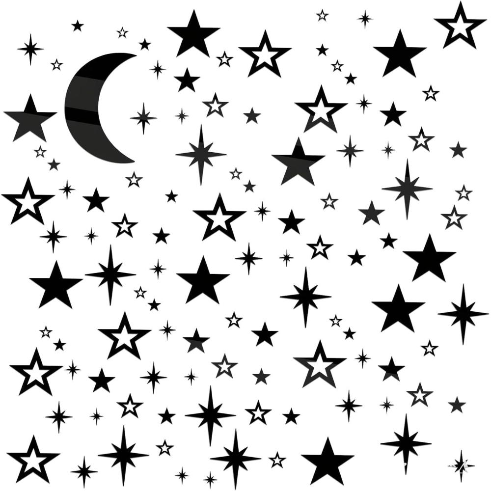 imageShappy 100 Pcs Acrylic Moon Star Mirror Wall Stickers Decal 3D Acrylic Mirror Stickers Removable Decal for Room Good Night Nursery House Bedroom Wall Decor BlackBlack