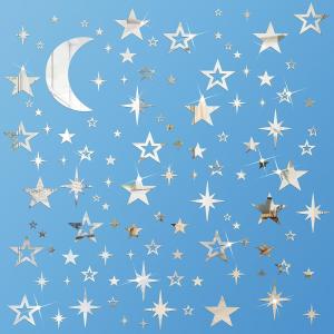 Shappy 100 Pcs Acrylic Moon Star Mirror Wall Stickers Decal 3D Acrylic Mirror Stickers Removable Decal for Room Good Night Nursery House Bedroom Wall Decor (Black)(Silver)