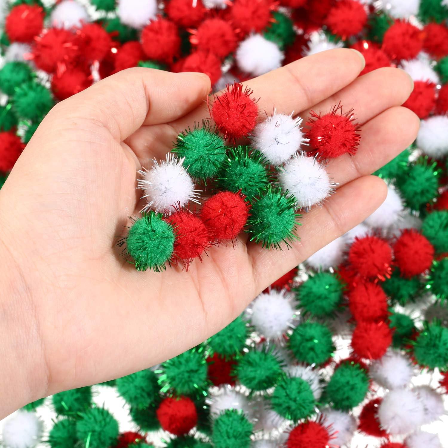 imageShappy 100 Pieces Christmas Pom Poms Glitter Small Mini for Arts Crafts DIY Green White and Red Balls for Hobby Supplies Holiday Decorations 25 mm15 mm
