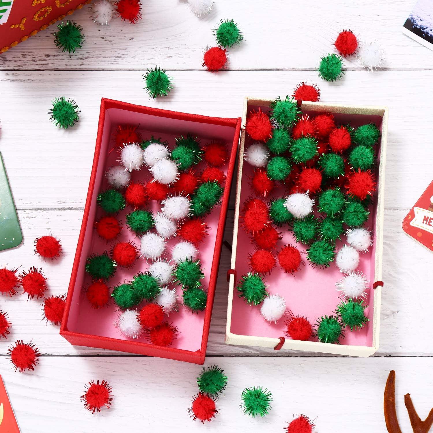 imageShappy 100 Pieces Christmas Pom Poms Glitter Small Mini for Arts Crafts DIY Green White and Red Balls for Hobby Supplies Holiday Decorations 25 mm15 mm