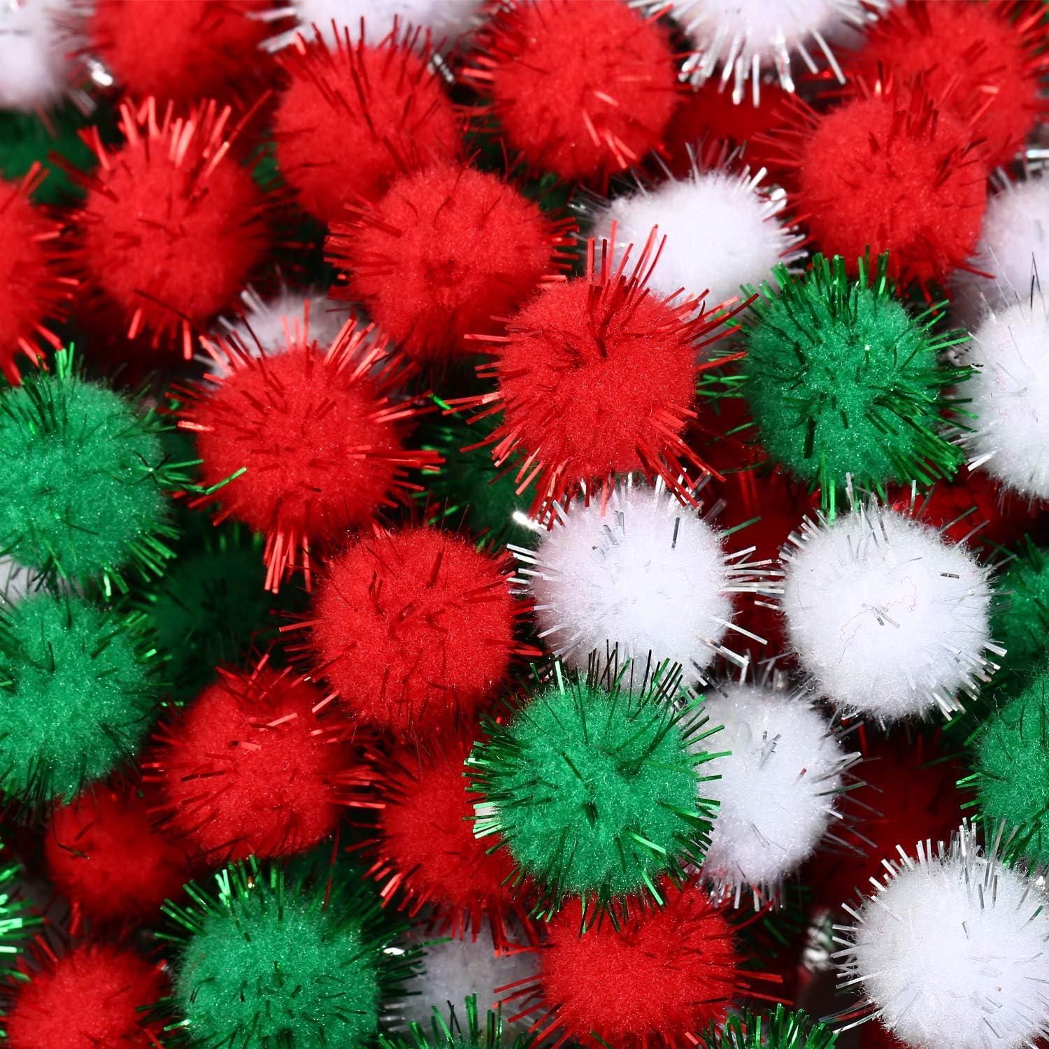 imageShappy 100 Pieces Christmas Pom Poms Glitter Small Mini for Arts Crafts DIY Green White and Red Balls for Hobby Supplies Holiday Decorations 25 mm15 mm