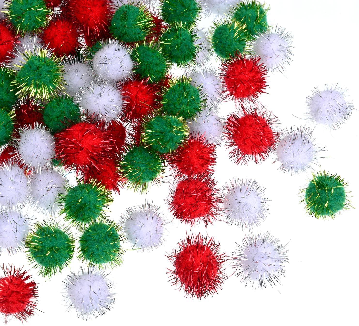 imageShappy 100 Pieces Christmas Pom Poms Glitter Small Mini for Arts Crafts DIY Green White and Red Balls for Hobby Supplies Holiday Decorations 25 mm20 mm