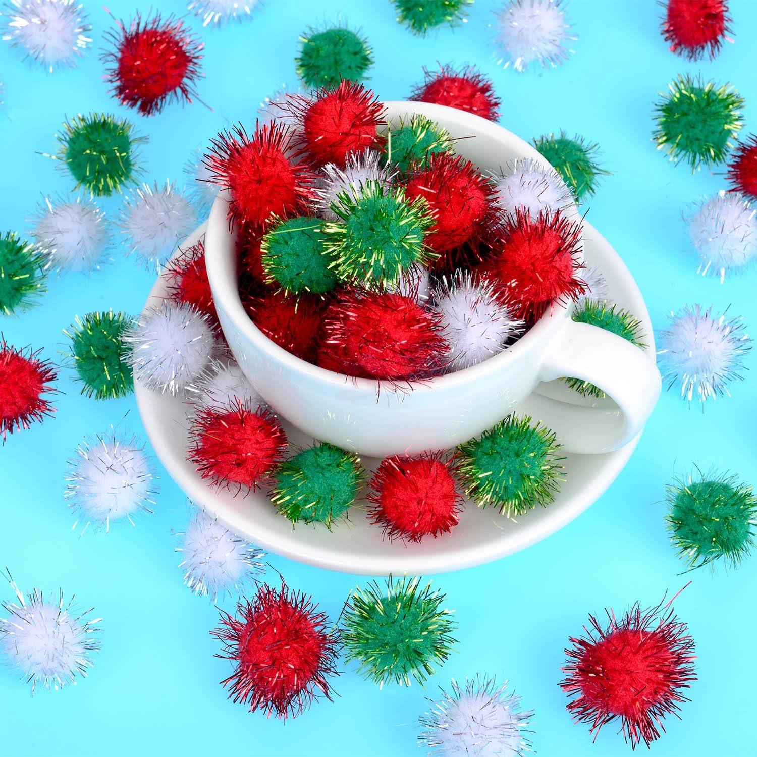 imageShappy 100 Pieces Christmas Pom Poms Glitter Small Mini for Arts Crafts DIY Green White and Red Balls for Hobby Supplies Holiday Decorations 25 mm20 mm
