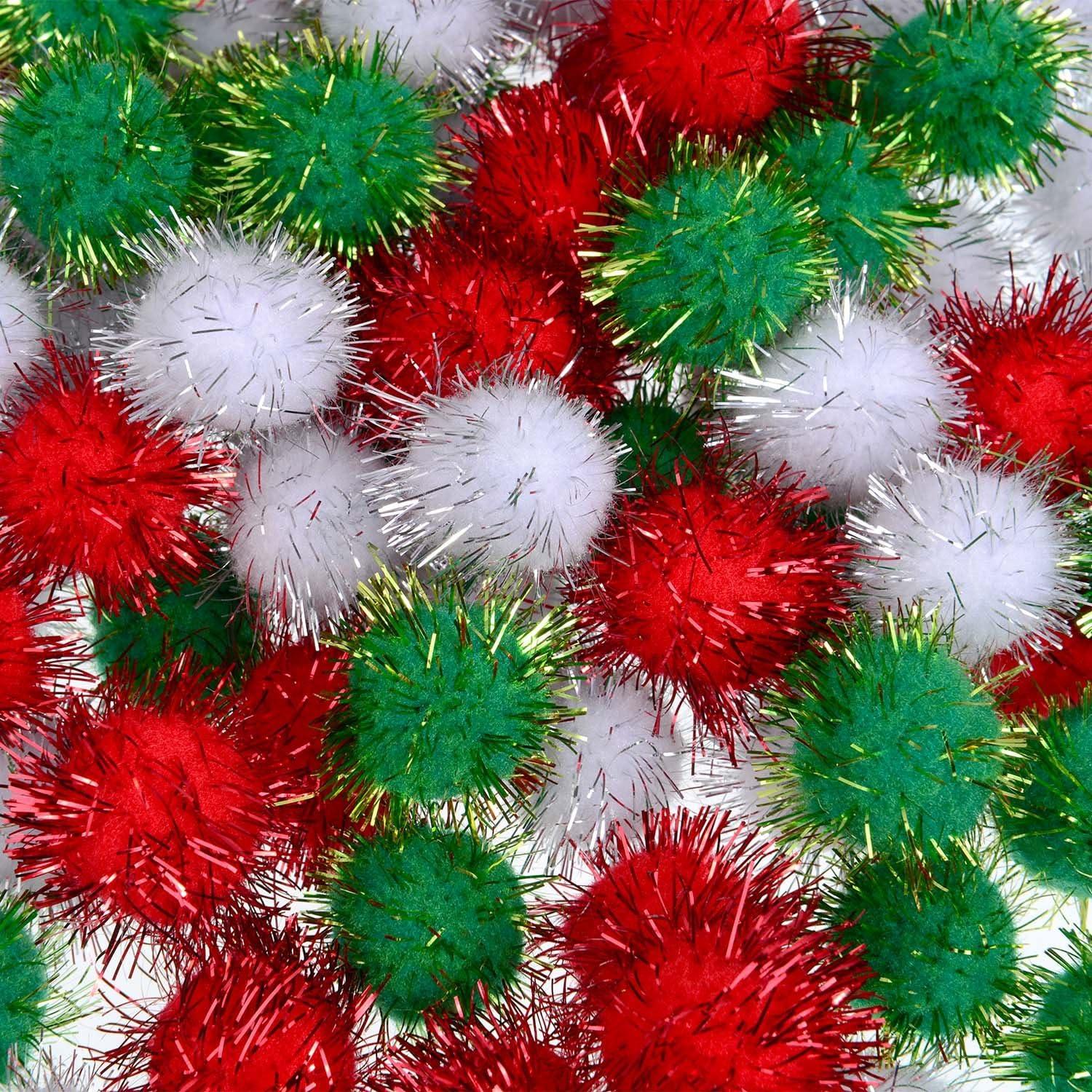 imageShappy 100 Pieces Christmas Pom Poms Glitter Small Mini for Arts Crafts DIY Green White and Red Balls for Hobby Supplies Holiday Decorations 25 mm20 mm