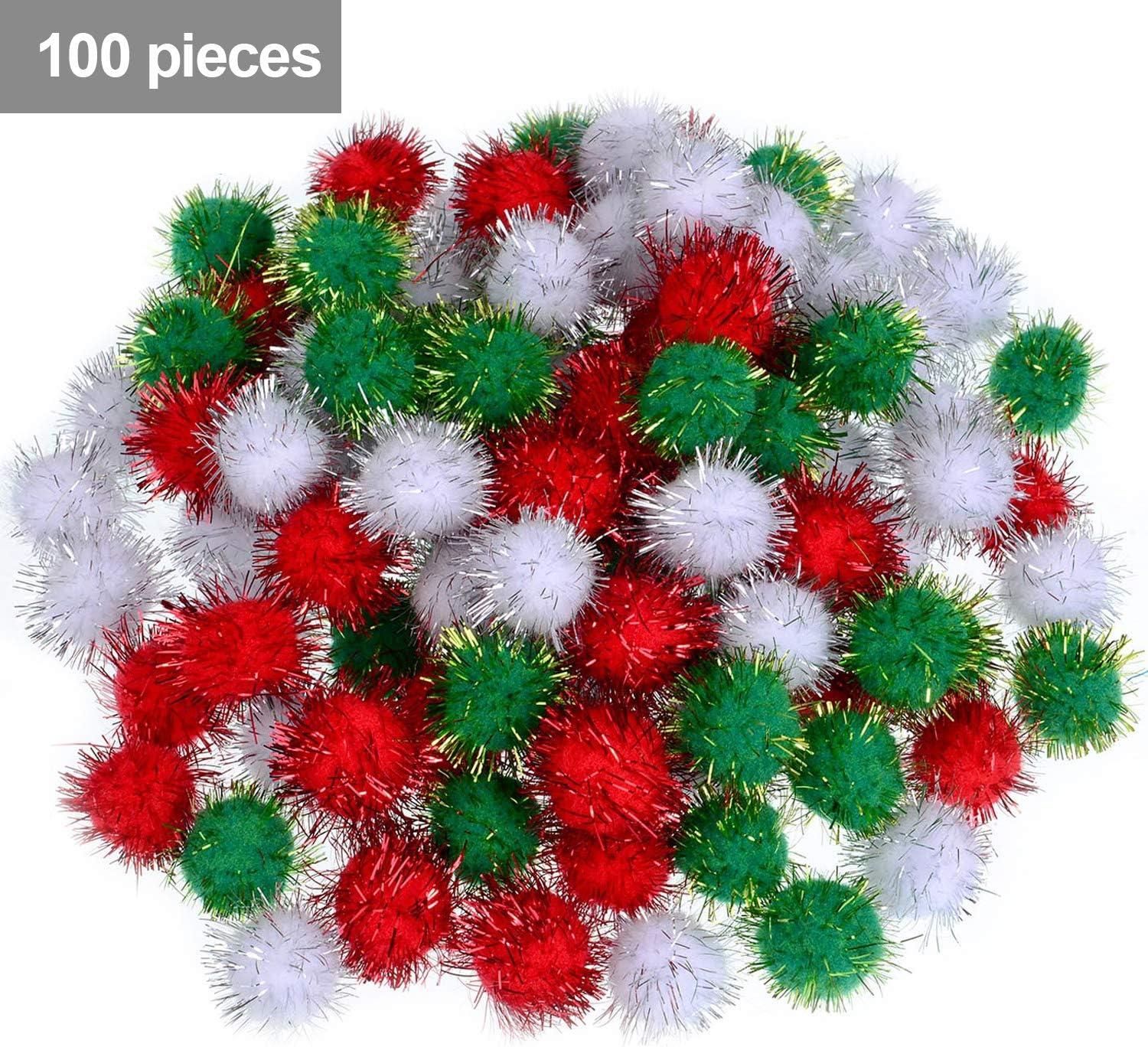 imageShappy 100 Pieces Christmas Pom Poms Glitter Small Mini for Arts Crafts DIY Green White and Red Balls for Hobby Supplies Holiday Decorations 25 mm20 mm