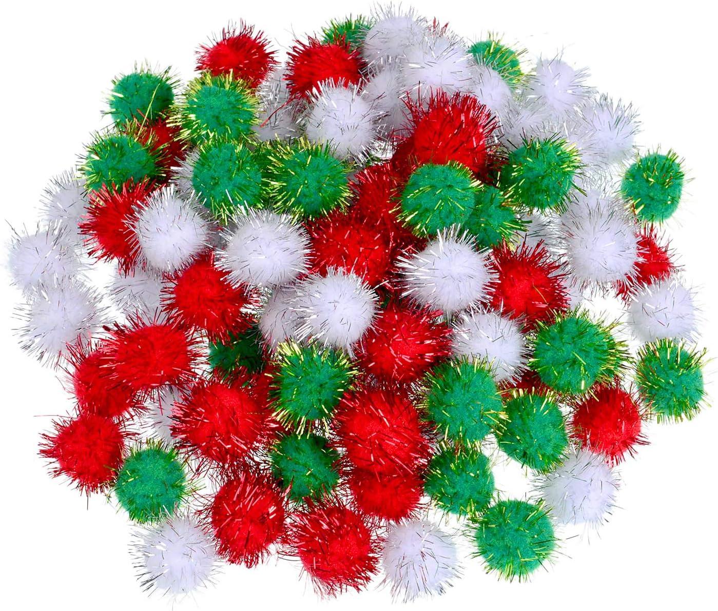 imageShappy 100 Pieces Christmas Pom Poms Glitter Small Mini for Arts Crafts DIY Green White and Red Balls for Hobby Supplies Holiday Decorations 25 mm25 mm