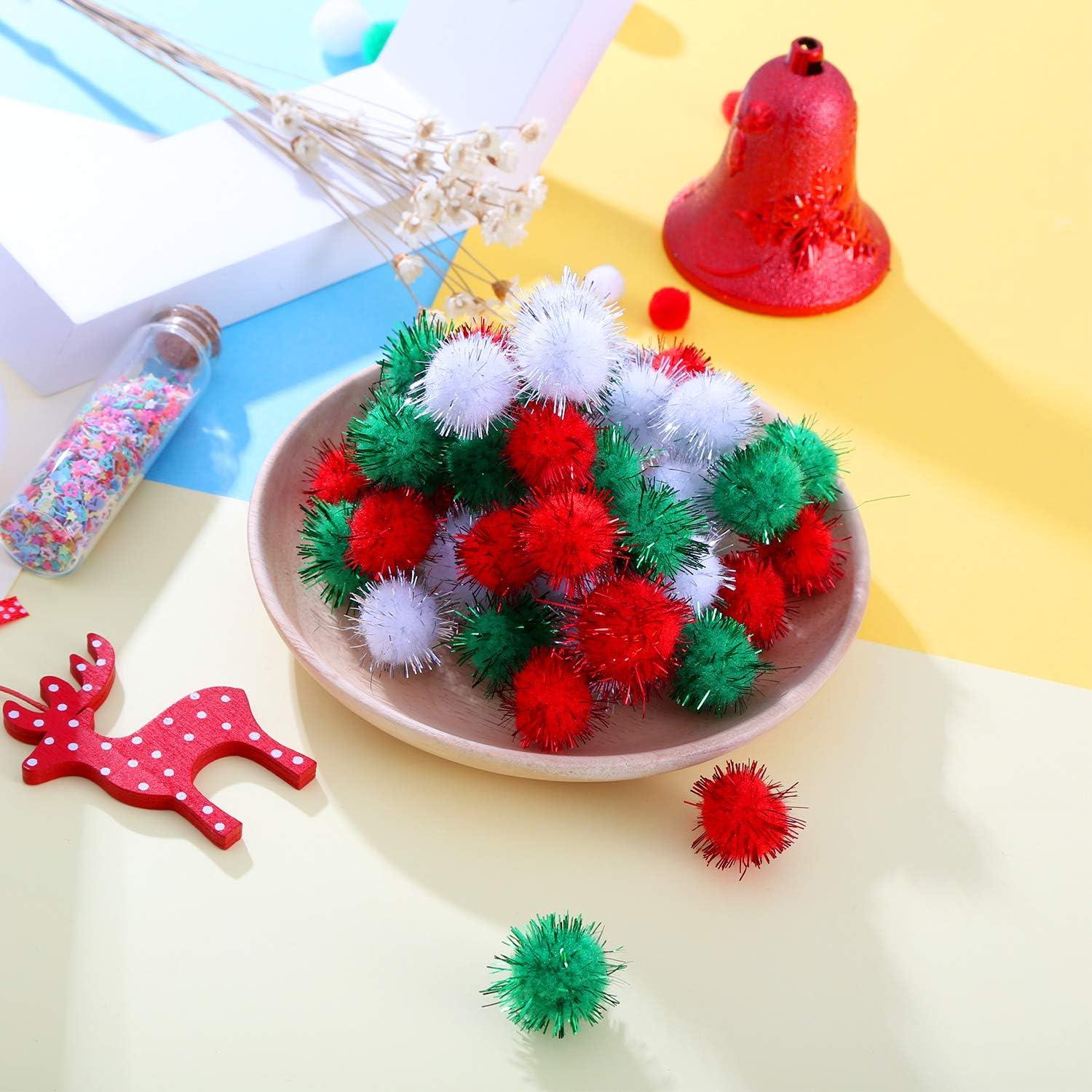 imageShappy 100 Pieces Christmas Pom Poms Glitter Small Mini for Arts Crafts DIY Green White and Red Balls for Hobby Supplies Holiday Decorations 25 mm25 mm