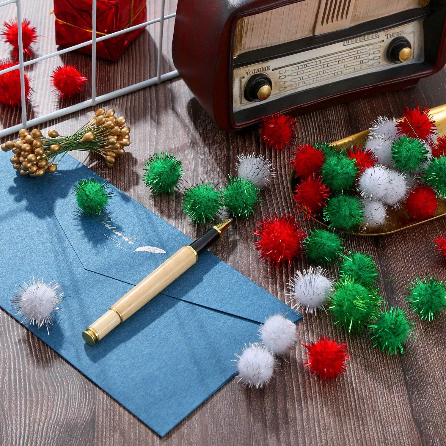 imageShappy 100 Pieces Christmas Pom Poms Glitter Small Mini for Arts Crafts DIY Green White and Red Balls for Hobby Supplies Holiday Decorations 25 mm25 mm