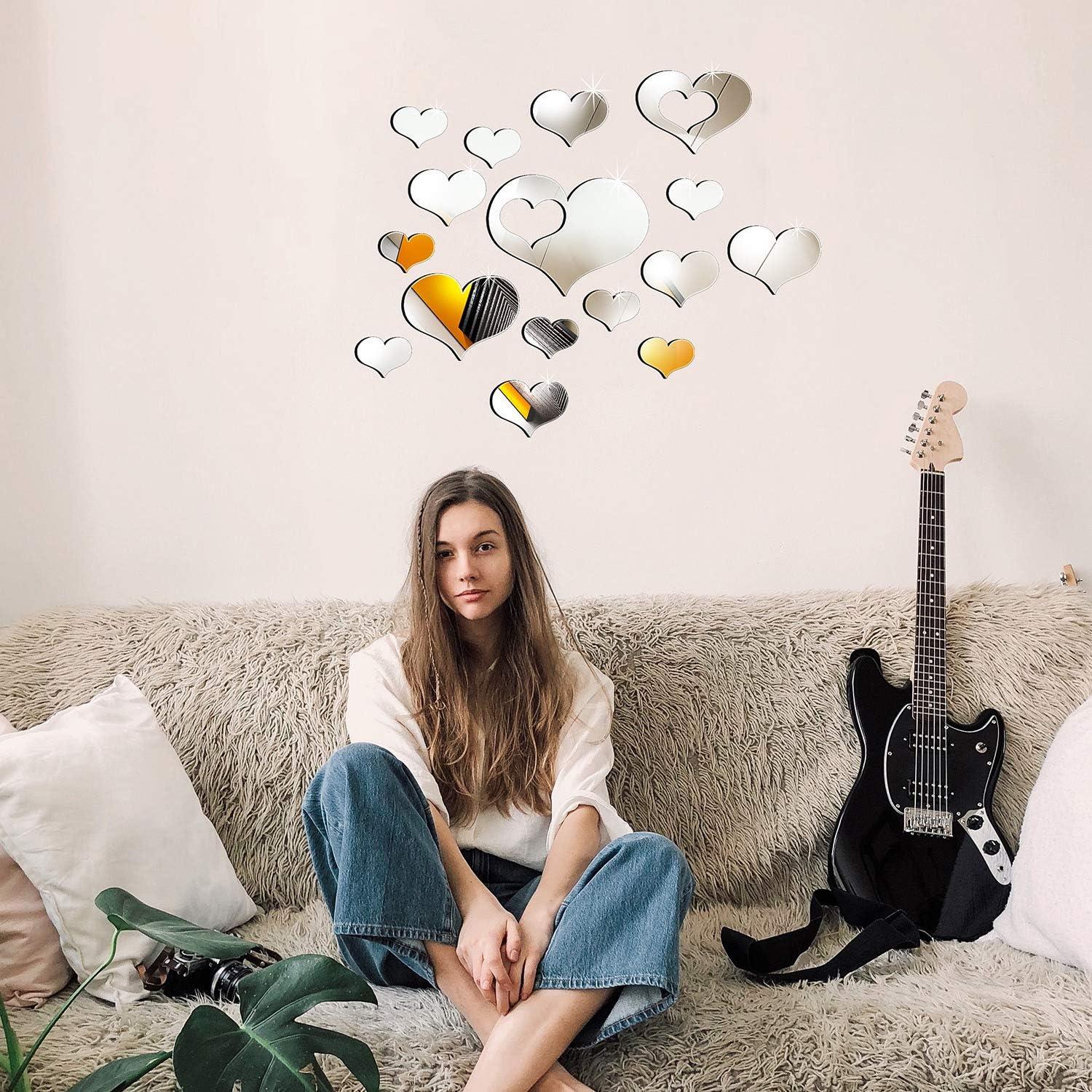 imageShappy 33 Pcs Removable Acrylic Heart Mirror Wall Sticker Love Heart Mirror Tiles Decal for Home Bedroom Living Room Bathroom Kitchen Wedding Decor