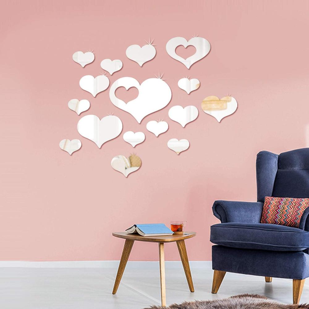 imageShappy 33 Pcs Removable Acrylic Heart Mirror Wall Sticker Love Heart Mirror Tiles Decal for Home Bedroom Living Room Bathroom Kitchen Wedding Decor