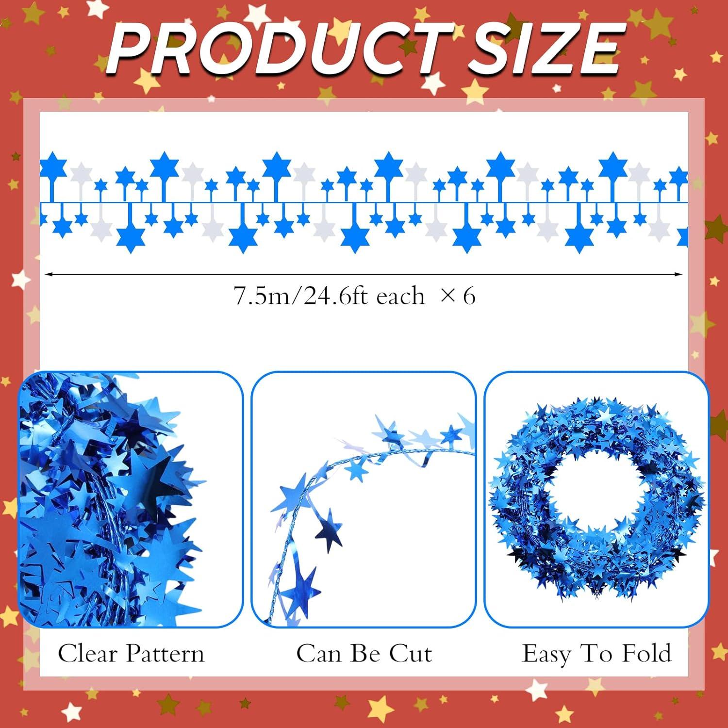 imageShappy 1476 ft Star Garland Wired Christmas Tinsel Garland for Tree Metallic Small Mini 6 Rolls for Decorations MulticolorBlue silver