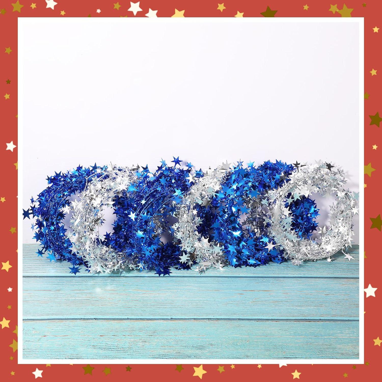 imageShappy 1476 ft Star Garland Wired Christmas Tinsel Garland for Tree Metallic Small Mini 6 Rolls for Decorations MulticolorBlue silver