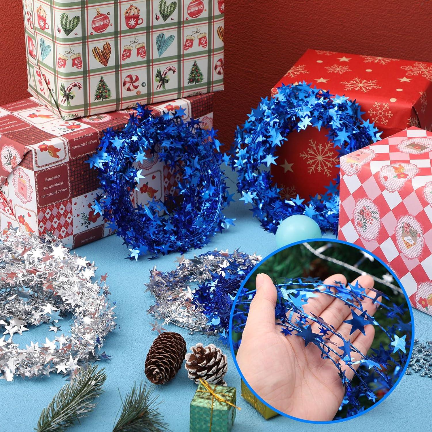 imageShappy 1476 ft Star Garland Wired Christmas Tinsel Garland for Tree Metallic Small Mini 6 Rolls for Decorations MulticolorBlue silver