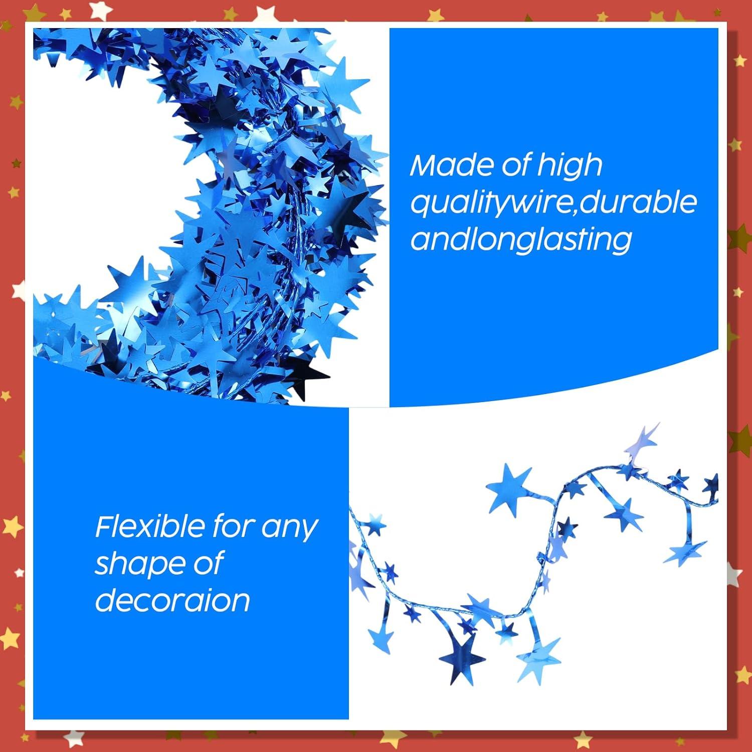 imageShappy 1476 ft Star Garland Wired Christmas Tinsel Garland for Tree Metallic Small Mini 6 Rolls for Decorations MulticolorBlue silver