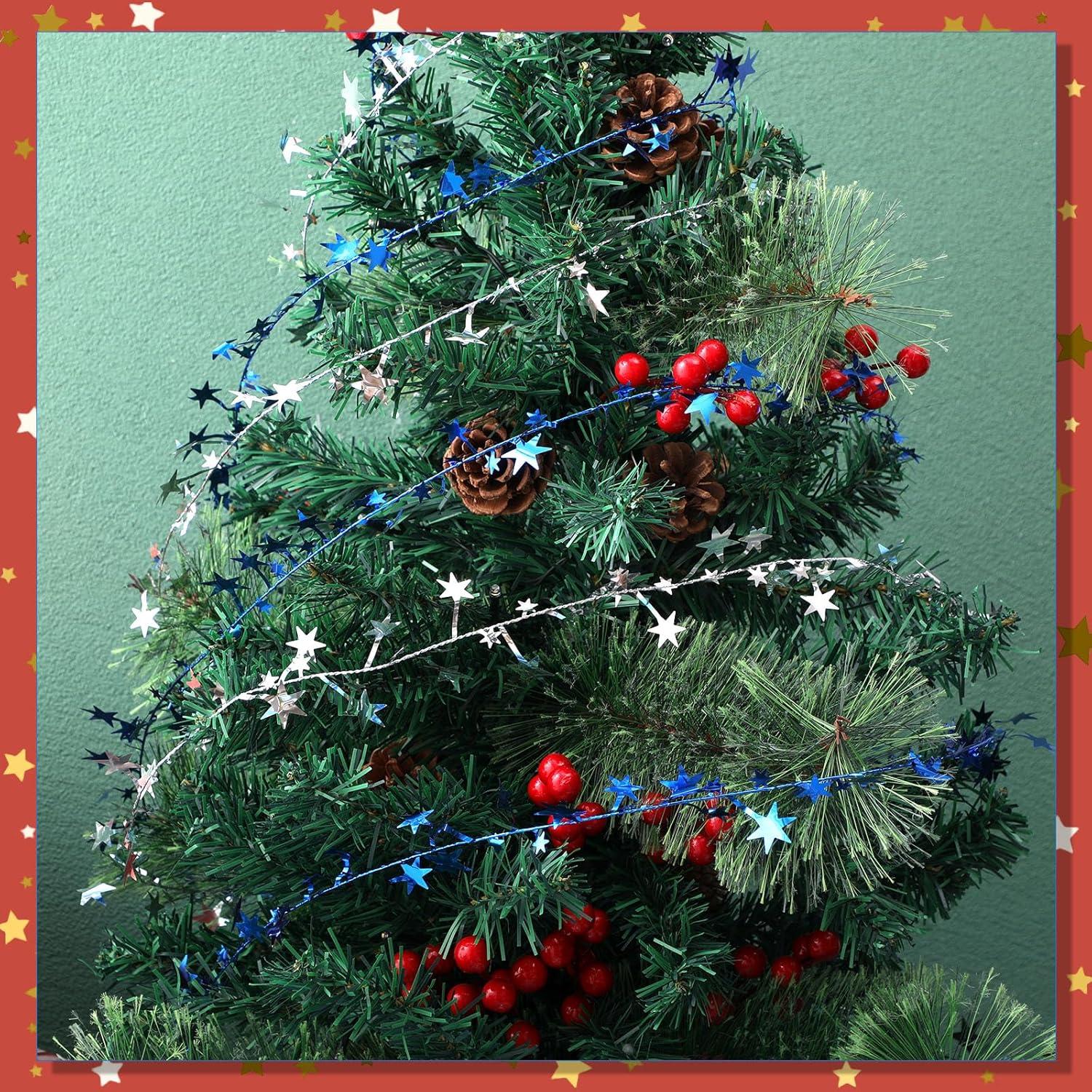 imageShappy 1476 ft Star Garland Wired Christmas Tinsel Garland for Tree Metallic Small Mini 6 Rolls for Decorations MulticolorBlue silver
