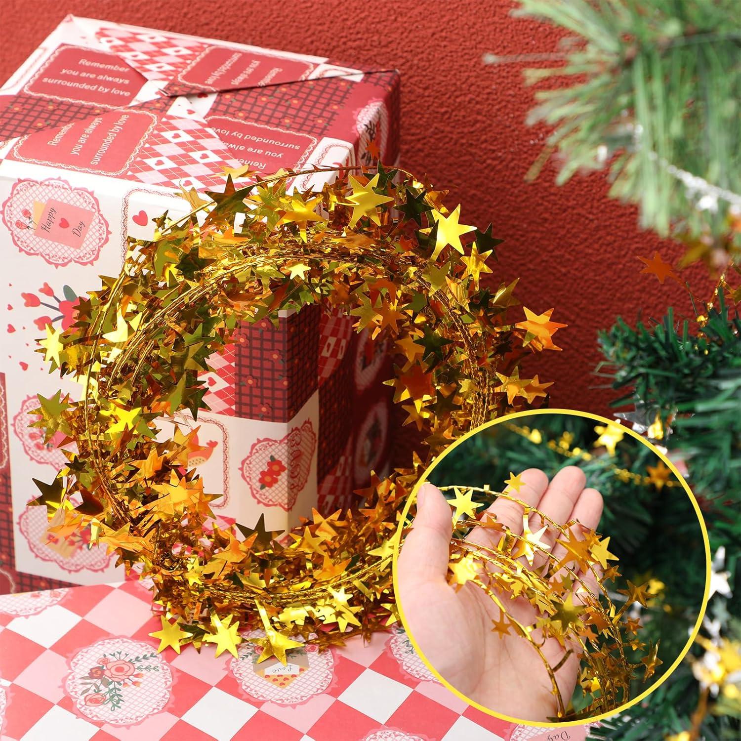 imageShappy 1476 ft Star Garland Wired Christmas Tinsel Garland for Tree Metallic Small Mini 6 Rolls for Decorations MulticolorGold