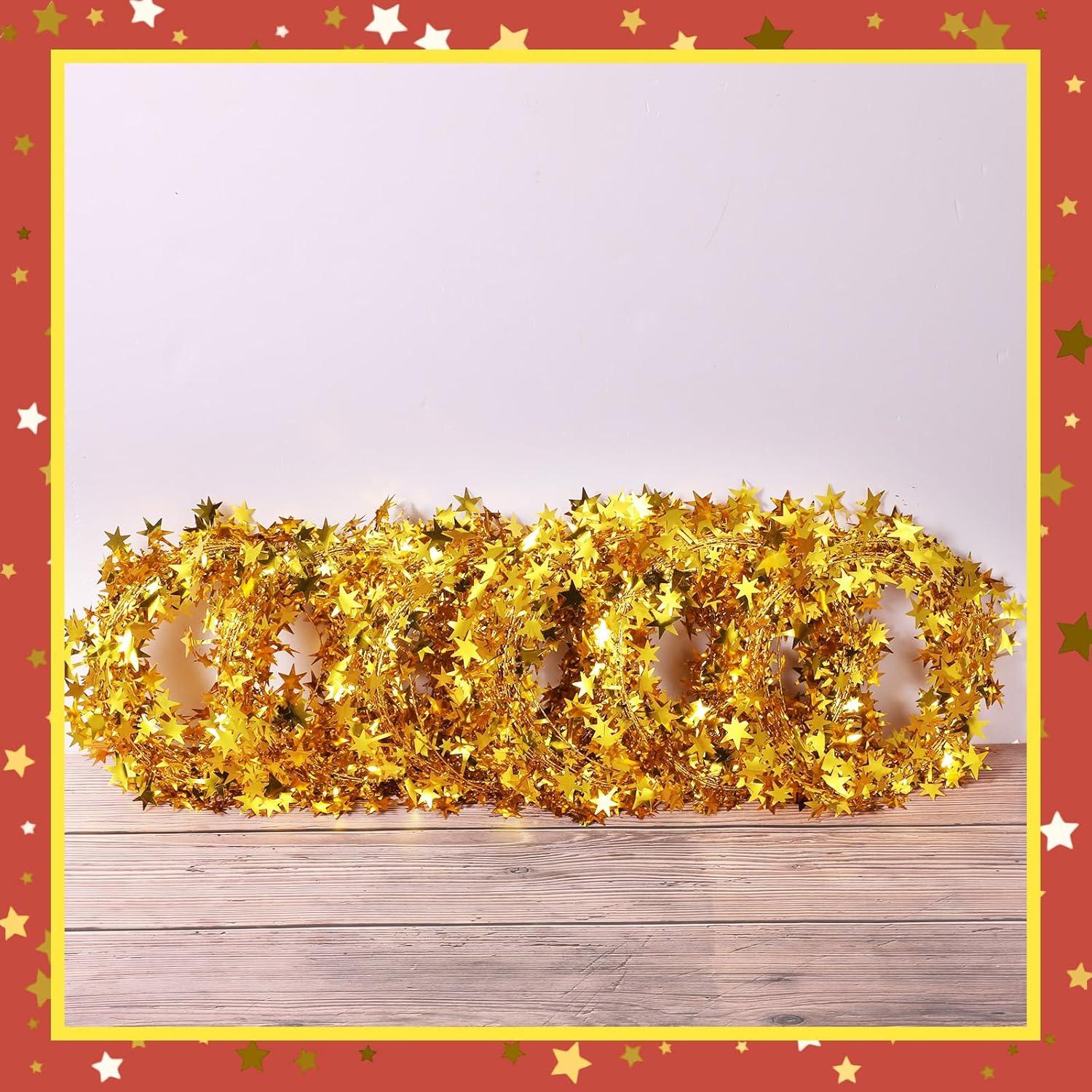 imageShappy 1476 ft Star Garland Wired Christmas Tinsel Garland for Tree Metallic Small Mini 6 Rolls for Decorations MulticolorGold