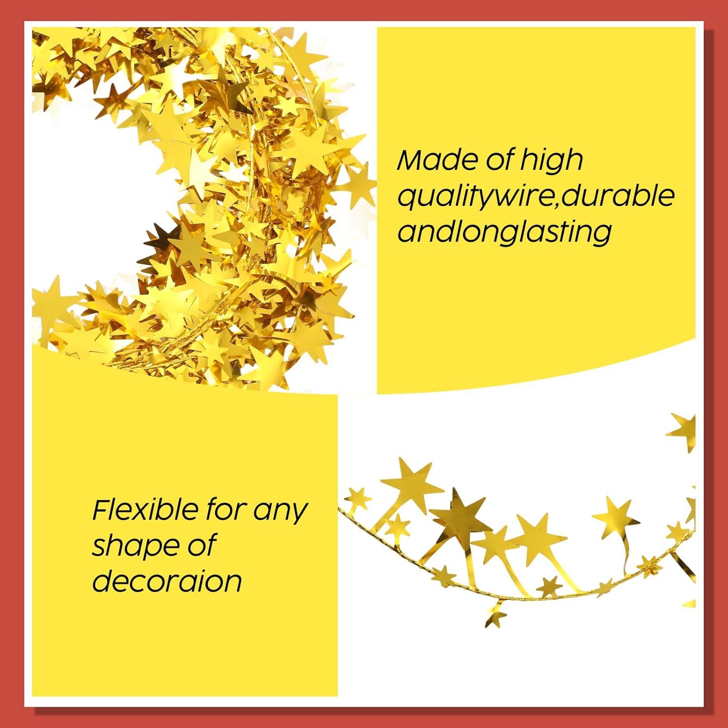 imageShappy 1476 ft Star Garland Wired Christmas Tinsel Garland for Tree Metallic Small Mini 6 Rolls for Decorations MulticolorGold