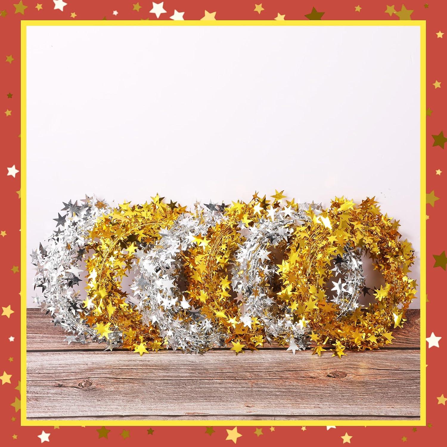 imageShappy 1476 ft Star Garland Wired Christmas Tinsel Garland for Tree Metallic Small Mini 6 Rolls for Decorations MulticolorGold silver