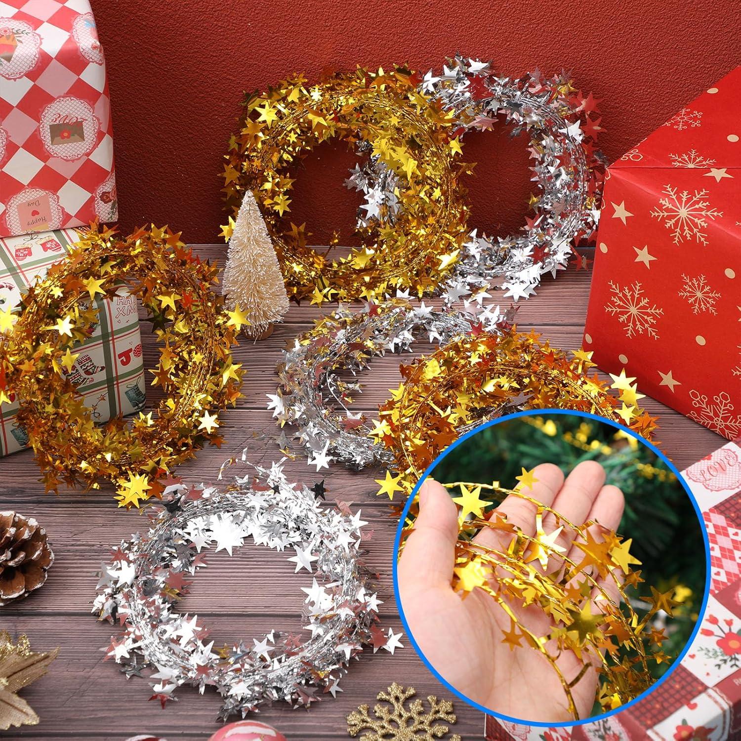 imageShappy 1476 ft Star Garland Wired Christmas Tinsel Garland for Tree Metallic Small Mini 6 Rolls for Decorations MulticolorGold silver