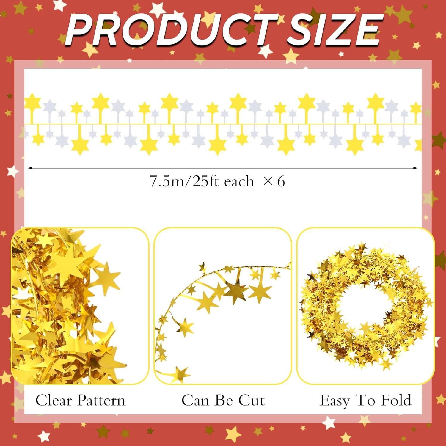 imageShappy 1476 ft Star Garland Wired Christmas Tinsel Garland for Tree Metallic Small Mini 6 Rolls for Decorations MulticolorGold silver