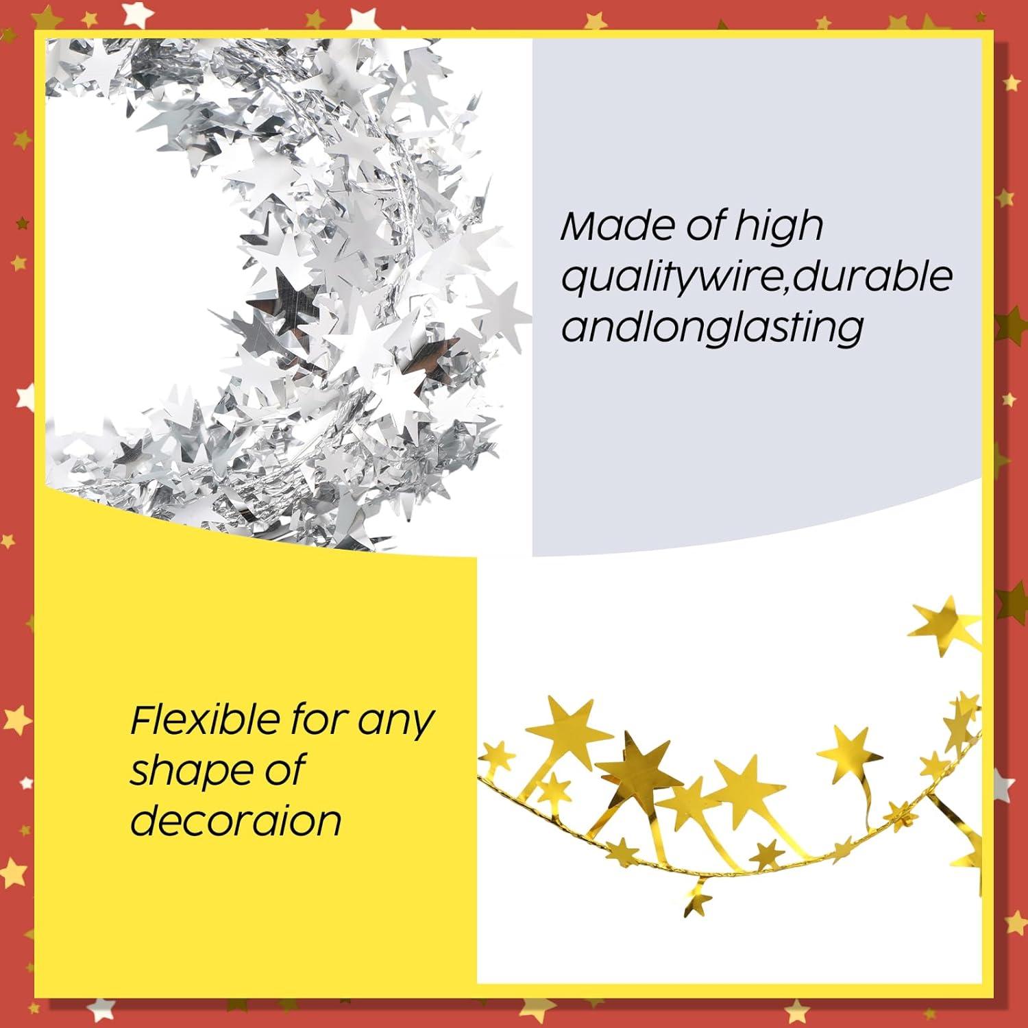 imageShappy 1476 ft Star Garland Wired Christmas Tinsel Garland for Tree Metallic Small Mini 6 Rolls for Decorations MulticolorGold silver